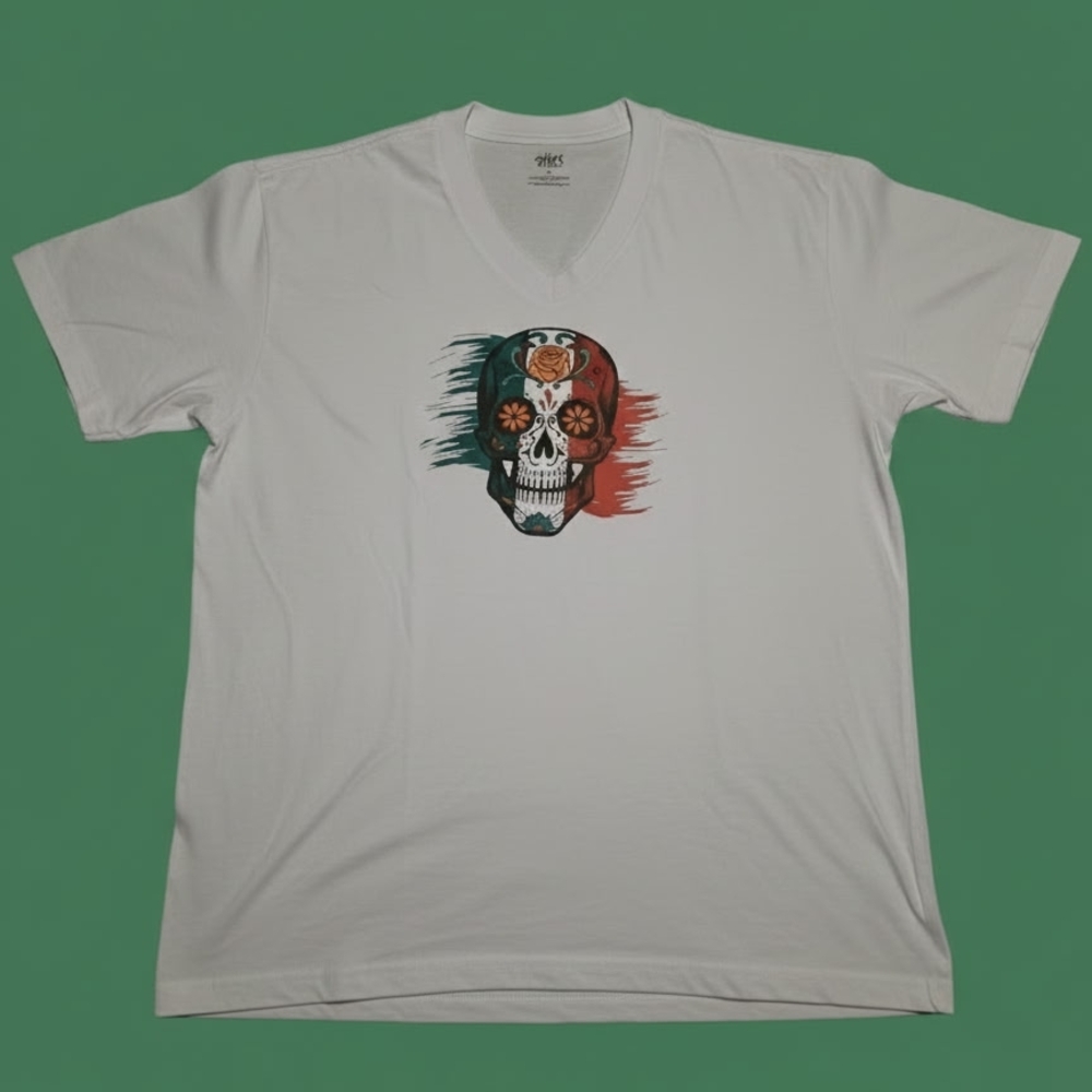 White V-Neck Skull Graphic T-Shirt